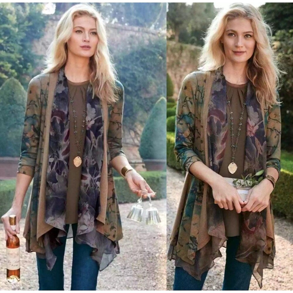 Soft Surroundings Tea Gardens Topper Printed Floral Open Cardigan US Size Medium